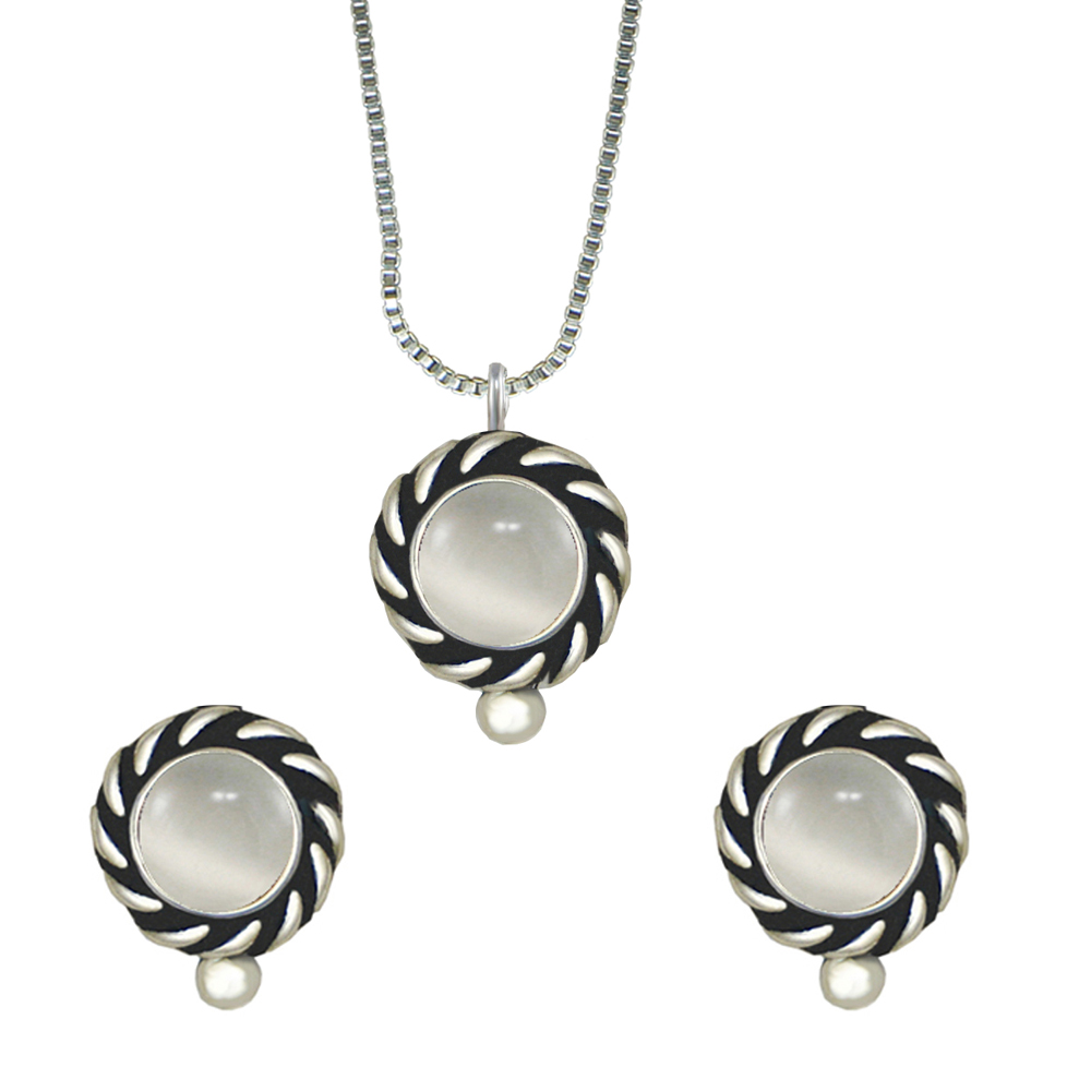 Sterling Silver Petite Necklace Earrings Set White Moonstone